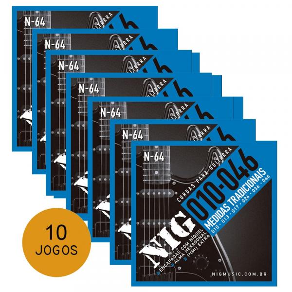 KIT C/ 10 Encordoamentos NIG N64 P/ Guitarra Tradicional 10/46 - EC0074K10 - Nig Strings