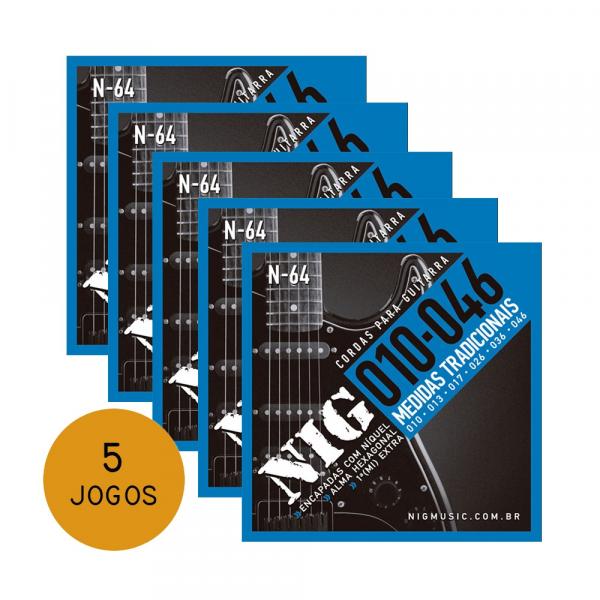 KIT C/ 5 Encordoamentos NIG N64 P/ Guitarra Tradicional 10/46 - EC0074K5 - Nig Strings