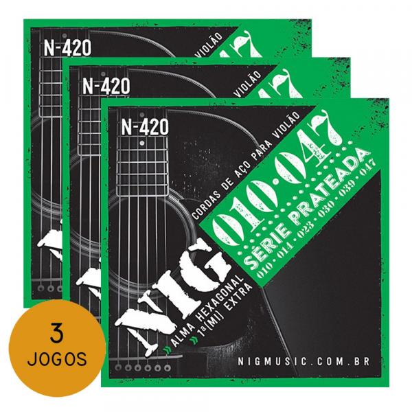KIT C/ 3 Encordoamentos NIG N420 P/ Violão Aço 10/47 - EC0238K3 - Nig Strings