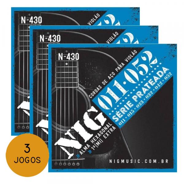 KIT C/ 3 Encordoamentos NIG N430 P/ Violão Aço 11/52 - EC0239K3 - Nig Strings