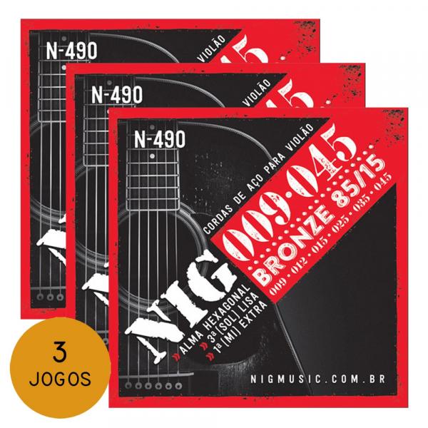 KIT C/ 3 Encordoamentos NIG N490 P/ Violão Aço 9/45 - EC0198K3 - Nig Strings