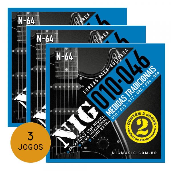 KIT C/ 3 Encordoamentos NIG P/ Guitarra Duplo 2N64 10/46 - EC0385K3 - Nig Strings