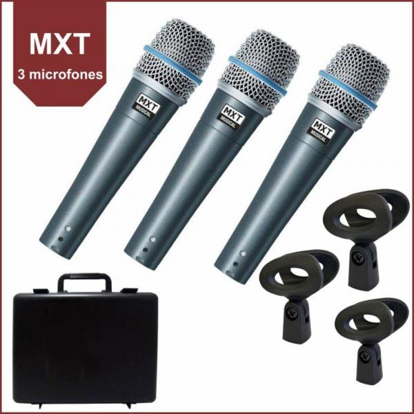 KIT C/ 3 Microfones MXT Dinâmico PRO BTM-57A C/ Maleta e Cachimbo - AC1696