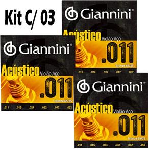 Kit com 03 Jogo de Cordas Violão Acústico Aço 0.11 Giannini