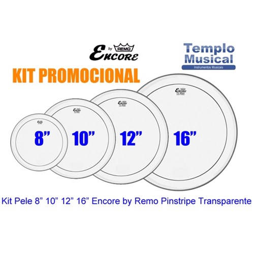 Kit com 4 Peles 8'' 10'' 12'' e 16'' Encore By Remo Hidráulica Pinstripe Transparente para Tons