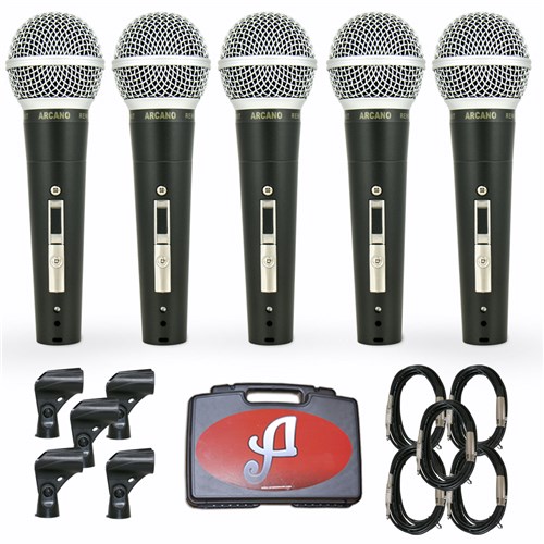 Kit com 5 Microfones Arcano Dinâmicos com Fio Renius-8 KIT XLR-P10