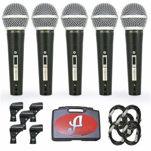 Kit com 5 Microfones Arcano Dinâmicos com Fio Renius-8 KIT XLR-XLR