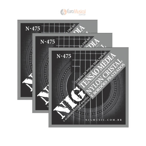 Kit com 3 Encordoamentos Violão Nylon Nig Cristal-prata Tensão Media N475