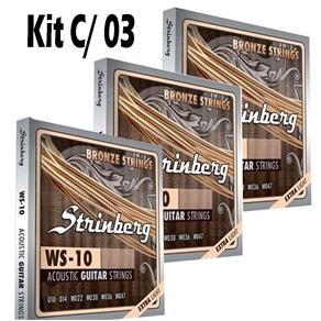 Kit com 3 Jogo de Cordas para Violão Aço .010 Strinberg WS10