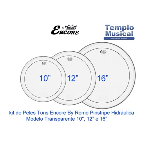 Kit com 3 Peles 10'' 12'' e 16'' Encore By Remo Hidráulica Transparente para Tons