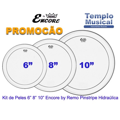 Kit com 3 Peles 6'' 8'' e 10'' Encore By Remo Pinstripe Hidráulica Transparente para Tons