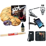 Kit do Baterista Pratos Zildjian Super Pack, Pedal Duplo, Suporte Tablet e Acessórios