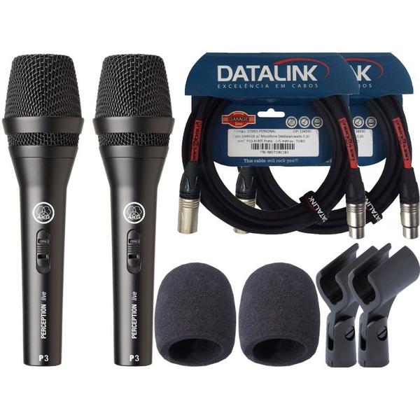 Kit Duplo Microfone AKG Vocal P3S + 2 Espumas Protetora + 2 Cabos Xlr X Xlr Datalink