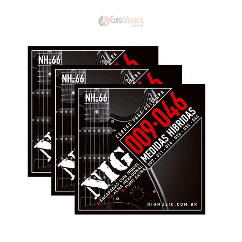 Kit 3 Encordoamentos Guitarra Nig Nh66 Hibrida .009 .046