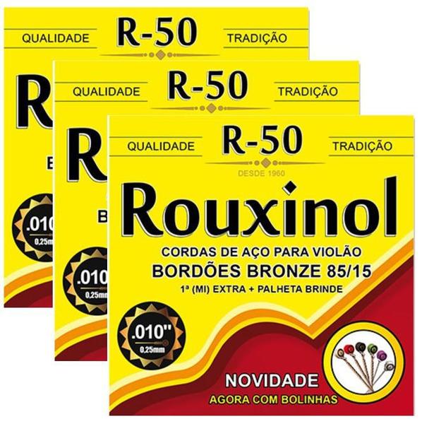 Kit 3 Encordoamentos Violao Aco Inox Rouxinol R50 Com Bolinha