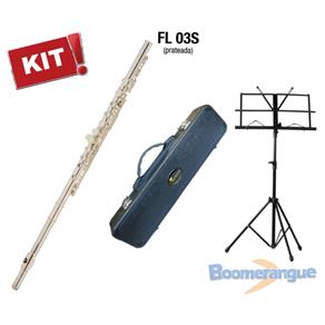 Kit Flauta Eagle Fl03S Prateada Transversal em Dó + Case Luxo + Estante de Partitura