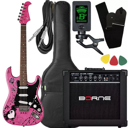 Kit Guitarra Eagle Egp10 Cr Rosa Pink Amplificador Borne