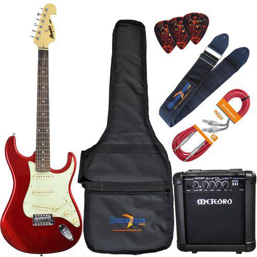 Kit Guitarra Elétrica Strato Mg32 Vermelha Memphis + Cubo Meteoro