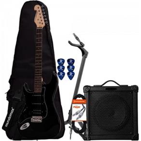 Kit Guitarra Strato Canhota G-102 Preta