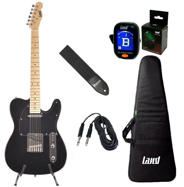 Kit Guitarra Telecaster Land Preta-capa-correia-afinador-cabo