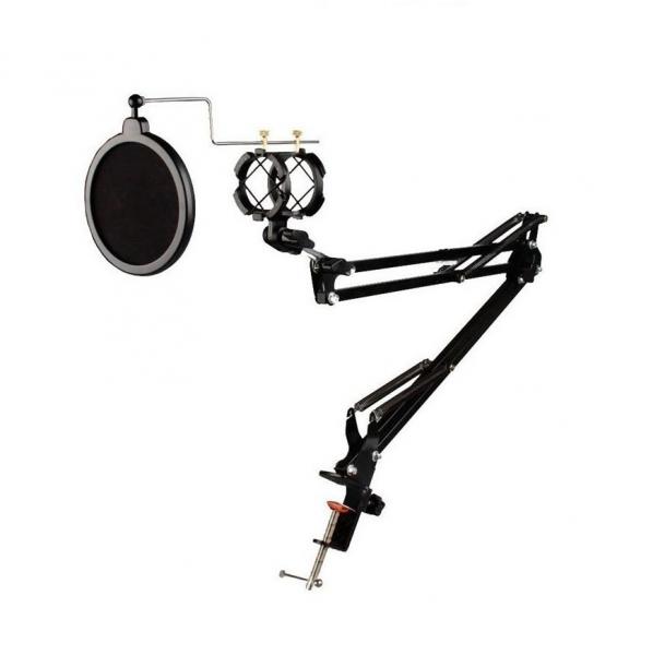 Kit Haste Articulado,braço Flexível P/microfone Dinâmico C/pop Filter,aranha,aço - Aj Som Acessórios Musicais