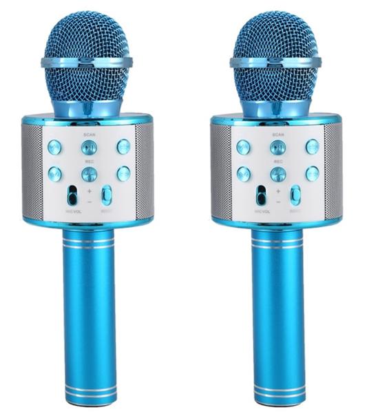 Kit 2 Microfone Bluetooth Sem Fio Karaoke Porta Usb Alto-falante Embutido Azul Barato - Handheld Ktv