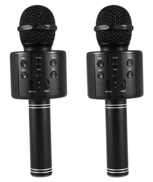 Kit 2 Microfone Bluetooth Sem Fio Karaoke Porta Usb Alto-falante Embutido Preto Barato - Handheld Ktv