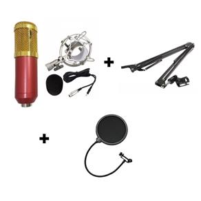 Kit Microfone Condensador Bm800 + Pedestal Articulado + Pop Filter