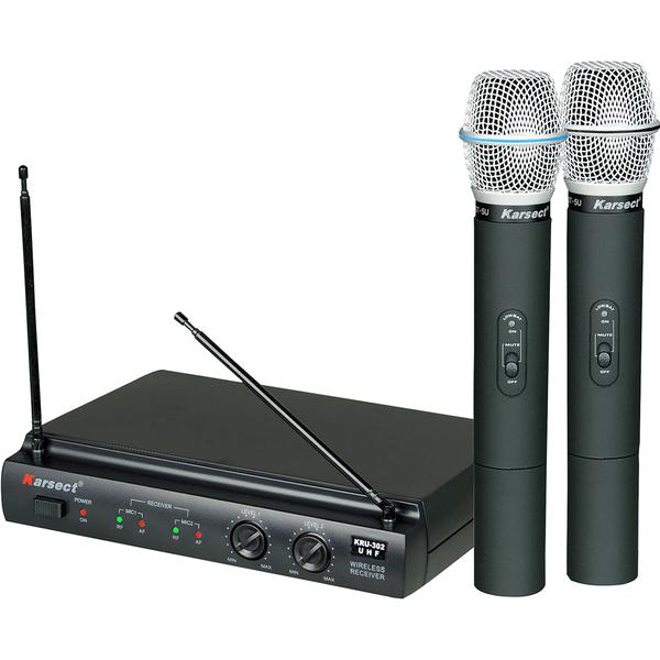 Kit 2 Microfones de Mão Sem Fio Pilha 2AA Bivolt KRU302 Preto - Karsect