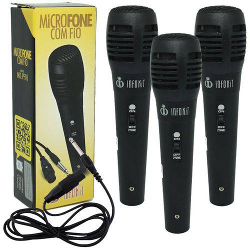 Kit 3 Microfones Dinâmico com Fio P10 1,5 Metros para Karaokê e Caixa de Som Infokit MIC-PF10 Preto