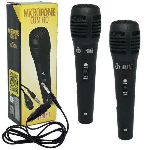 Kit 2 Microfones Dinâmico com Fio P10 1,5 Metros para Karaokê e Caixa de Som Infokit MIC-PF10 Preto