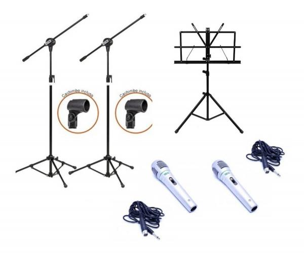 Kit 2 Microfones Karaoke + 2 Pedestal + 1 Suporte de Partitura - Vector