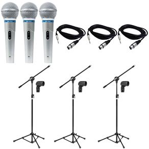 Kit 3 Microfones Profissionais Leson + 3 Pedestais + Cabos