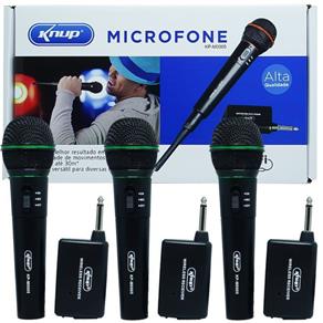 Kit 3 Microfones Sem Fio Profissional Wireless P10 para Karaokê e Caixa de Som Knup KP-M0005 Preto