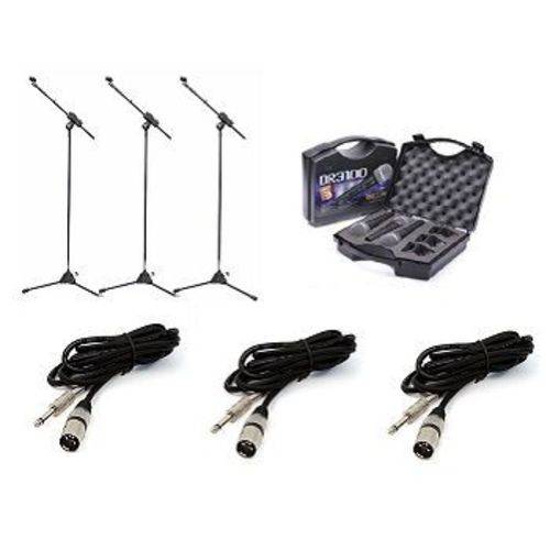 Kit 3 Pedestal P/ Microfone + 3 Microfones Donner DR3100 + 3 Cabos + 3 Cachimbos