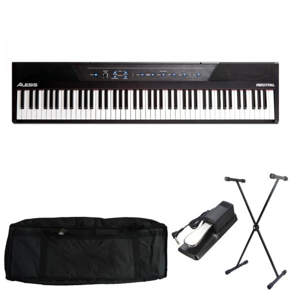 Kit Piano Digital Alesis 88 Teclas Recital com Capa, Suporte e Pedal Sustain