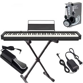 Kit Piano Digital Casio Stage CDP-S100 Preto com Fonte e Pedal Sustain + Suporte X + Fone - Bi-Volt