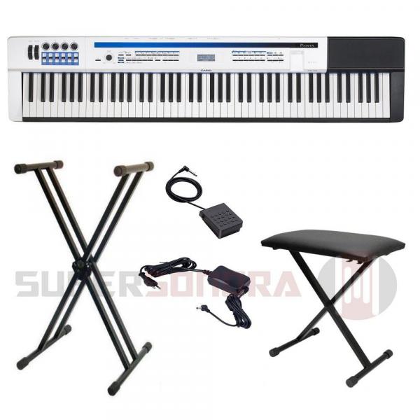 Kit Piano Digital PX 5S Branco 88 Teclas - MIDI/USB + Suporte em X + Banqueta em X + Fonte + Pedal SP3 - Casio