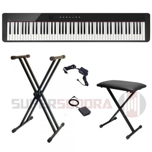 Kit Piano Digital PX S1000 BK Preto 88 Teclas - Bluetooth - Botões de LED + Suporte X + Banqueta X + Pedal + Fonte + Sup - Casio