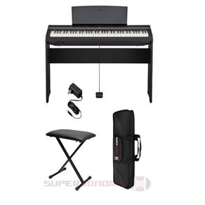 Kit Piano Digital Yamaha P121B Preto - 73 Teclas + Estante P121B + Pedal + Banqueta em X + Capa + Fonte PA 150 + Suporte Partitura