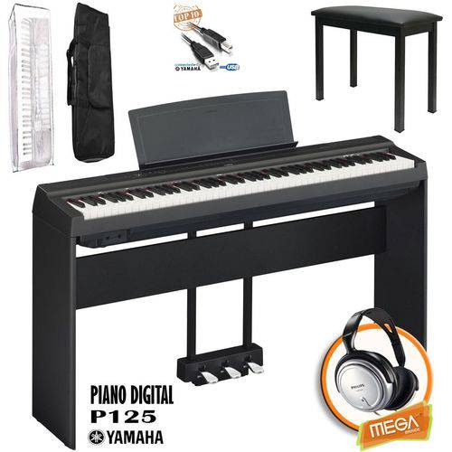 Kit Piano Digital Yamaha P125 Estante Madeira e Pedal Triplo