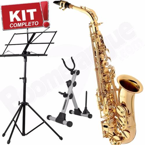 Kit Saxofone Alto Laqueado Sa501 Eagle em Mib com Case + Estante Partitura + Suporte Sax Ask