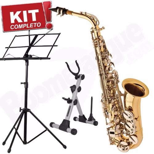 Kit Saxofone Alto Sa500 Ln Eagle Laqueado Niquelado em Mib com Case + Estantepartitura + Suporte