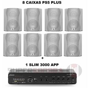 Kit Sonorização Ambiente Até 300m² Slim 3000 APP + 8 Caixas PS5 Plus Branca - 50W RMS - para 2 Ambientes