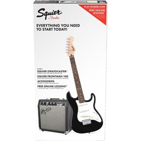 Kit Squier Guitarra Strato Affinity Preta + Amplificador Fender Frontman 10G + Correia Fender + Cabo + Palhetas - Preto