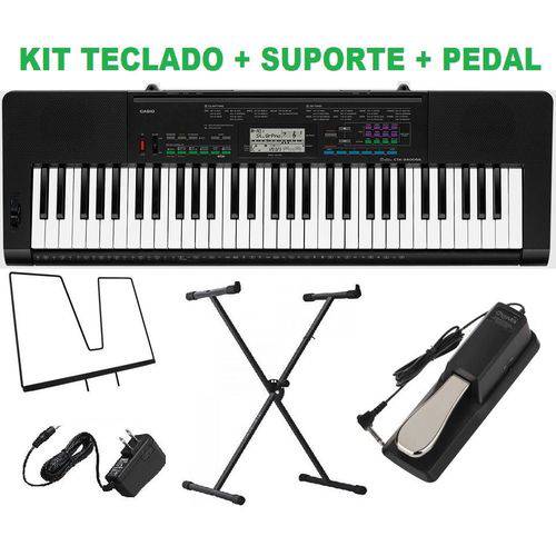 Kit Teclado Digital Musical Ctk 3400 61 Teclas Sensitivas + Fonte + Suporte Teclado X + Pedal Susta