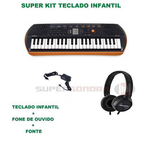 Kit Teclado Infantil Casio Sa-76 Laranja - 44 Miniteclas + Fone de Ouvido + Fonte
