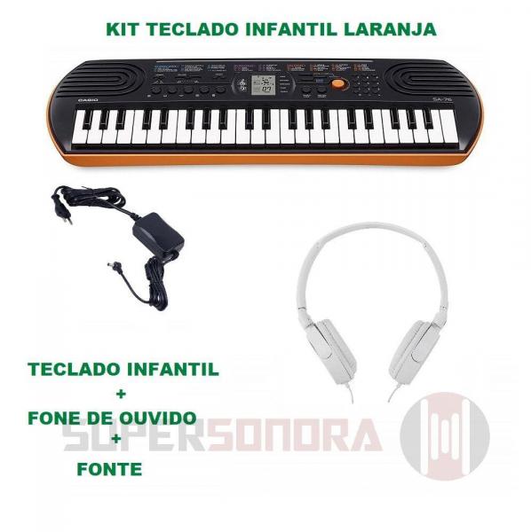 Kit Teclado Infantil Casio Sa-76 Laranja - 44 Miniteclas + Fone de Ouvido + Fonte