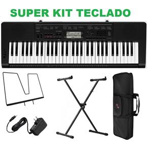 Kit Teclado Musical 61 Teclas Ctk-3200 Casio + Fonte Bi Volt + Suporte X e Capa Protetora