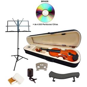 Kit Violino 4/4 Envernizado com Arco/ Breu/ Cavalete/ Estojo/ Afinador e Suporte Partitura